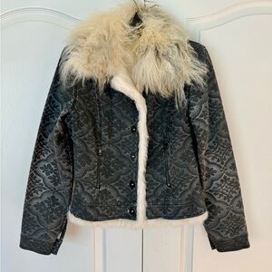 Grey Denim Jacket with White Rabbit Fur lining and White-Grey Goat Fur Collar